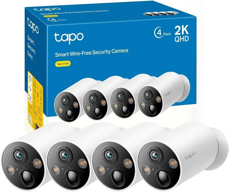 Tapo ▫️ [2024 Novo] C425(4-Pack) - Câmara Wi-Fi interior/exterior alimentada por bateria, 2K QHD, 10000mAh, IA melhorada, visão nocturna a cores, base magnética, sem necessidade de hub, compatível com painel solar