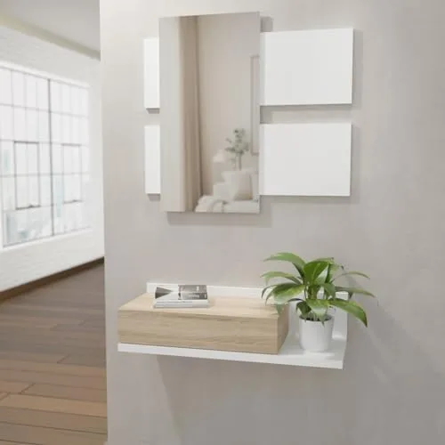 amuéblate online ▫️ Entrada com gaveta e espelho, Móvel de entrada, Modelo Cool, Acabamento em branco-carvalho, Medidas: 75 cm (largura) x 116 cm (altura) x 29 cm (profundidade) 2