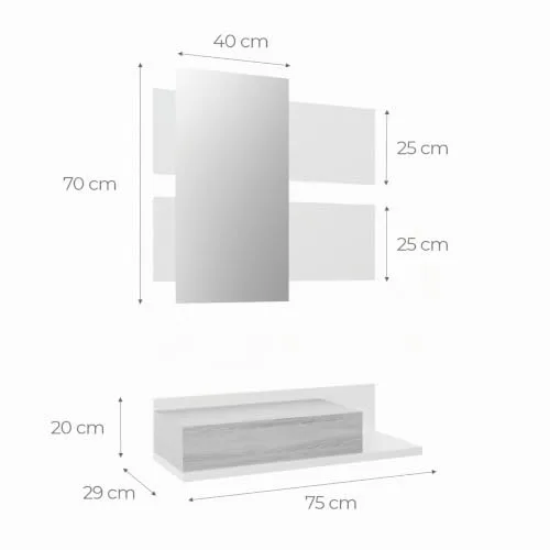 amuéblate online ▫️ Entrada com gaveta e espelho, Móvel de entrada, Modelo Cool, Acabamento em branco-carvalho, Medidas: 75 cm (largura) x 116 cm (altura) x 29 cm (profundidade) 3