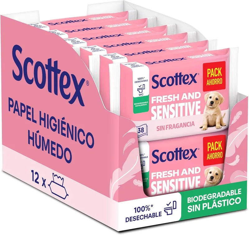 Scottex ▫️ Sensitive Papel higiénico húmido 38 folhas (38 folhas x 12 embalagens, total de 456 folhas)