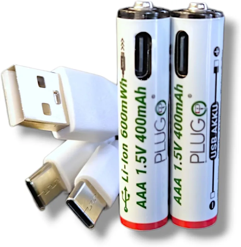 PLUGO ▫️ Bateria USB recarregável | Bateria de lítio AAA de 1,5 V | com cabo de carregamento USB tipo C 2 em 1 | 600 mWh | 2 unidades