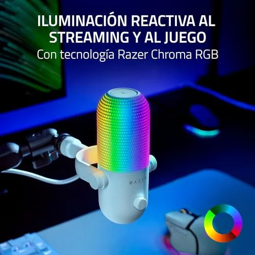 Razer ▫️ Seiren V3 Chroma - Microfone USB RGB - Microfone de condensador supercardioide com função «Tap-to-Mute» (iluminação reativa, limitador de ganho digital e silenciador integrado) Branco 2