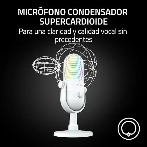 Razer ▫️ Seiren V3 Chroma - Microfone USB RGB - Microfone de condensador supercardioide com função «Tap-to-Mute» (iluminação reativa, limitador de ganho digital e silenciador integrado) Branco 4