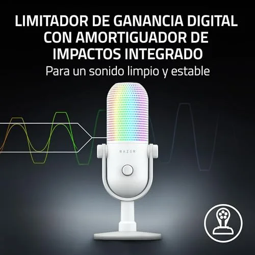 Razer ▫️ Seiren V3 Chroma - Microfone USB RGB - Microfone de condensador supercardioide com função «Tap-to-Mute» (iluminação reativa, limitador de ganho digital e silenciador integrado) Branco 5