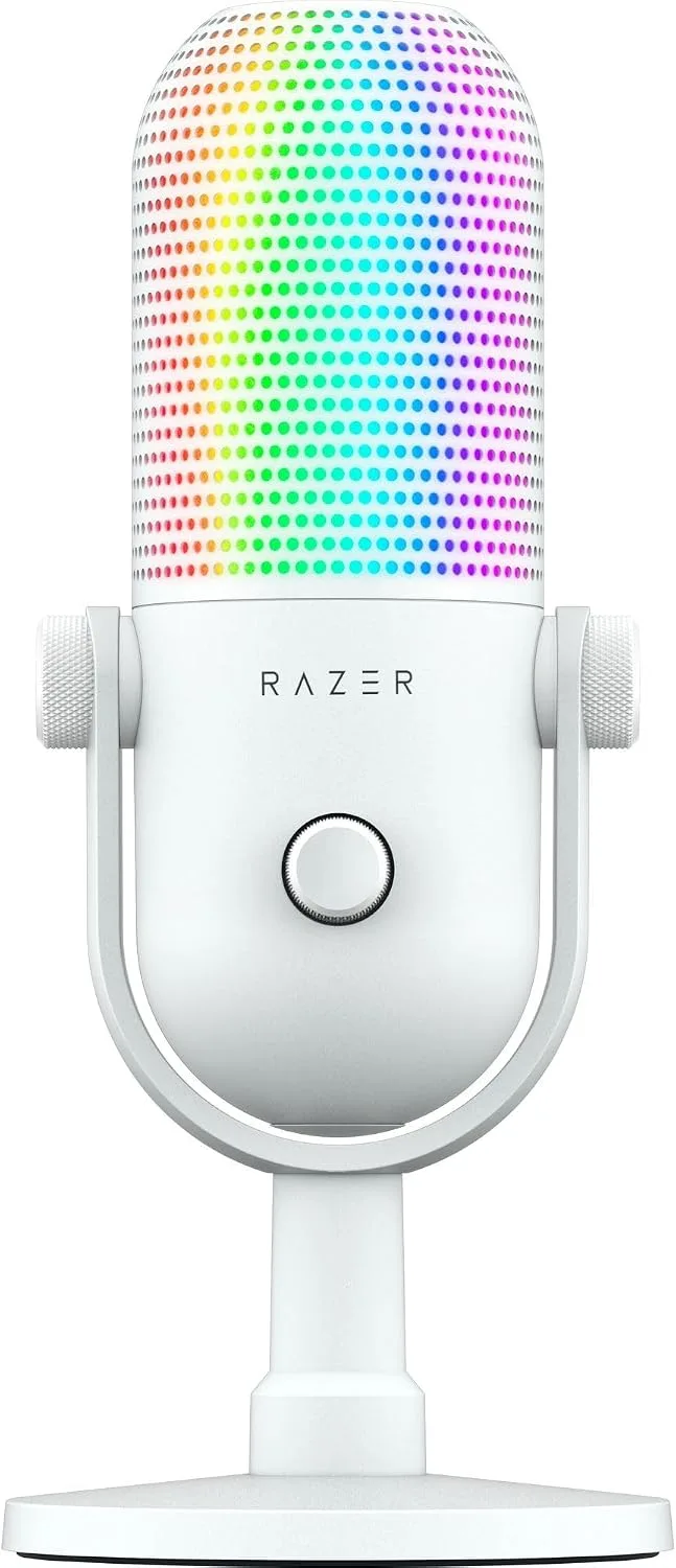 Razer ▫️ Seiren V3 Chroma - Microfone USB RGB - Microfone de condensador supercardioide com função «Tap-to-Mute» (iluminação reativa, limitador de ganho digital e silenciador integrado) Branco