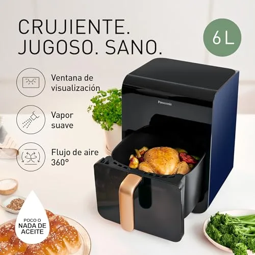 Panasonic ▫️ NF-CC600AXE Fritadeira de ar quente com janela, 6 L, 80-200 °C, temporizador digital e ecrã LCD, vapor suave, 11 predefinições, fácil de limpar, pega preta/azul-escuro e dourado-rosado 2