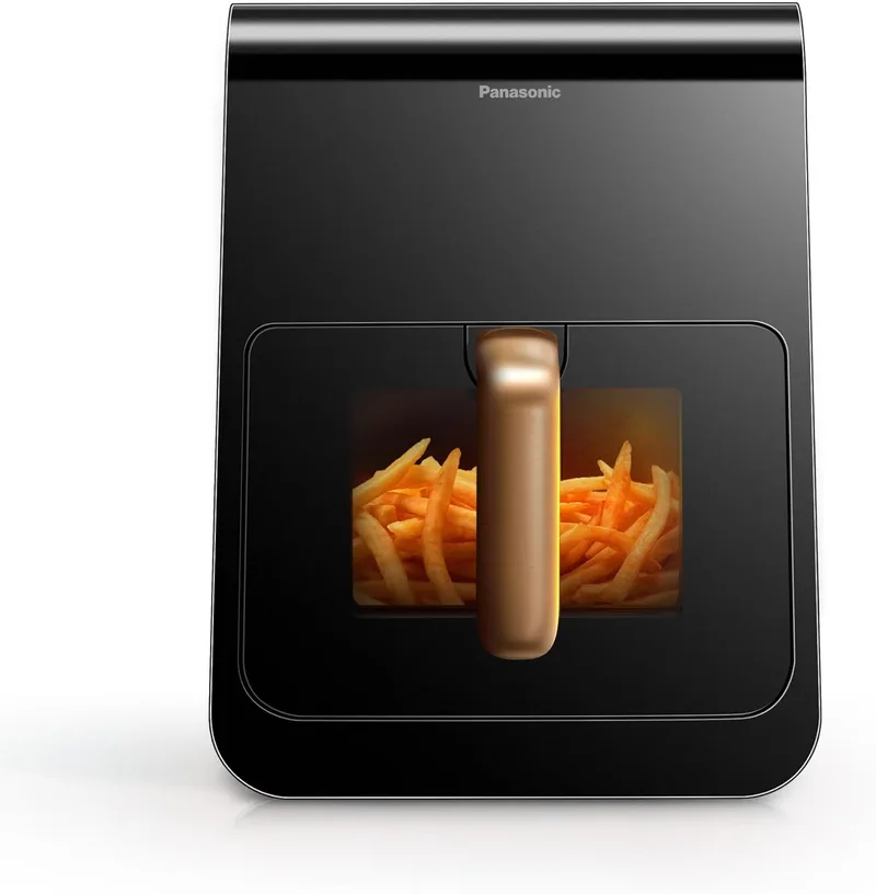 Panasonic ▫️ NF-CC600AXE Fritadeira de ar quente com janela, 6 L, 80-200 °C, temporizador digital e ecrã LCD, vapor suave, 11 predefinições, fácil de limpar, pega preta/azul-escuro e dourado-rosado