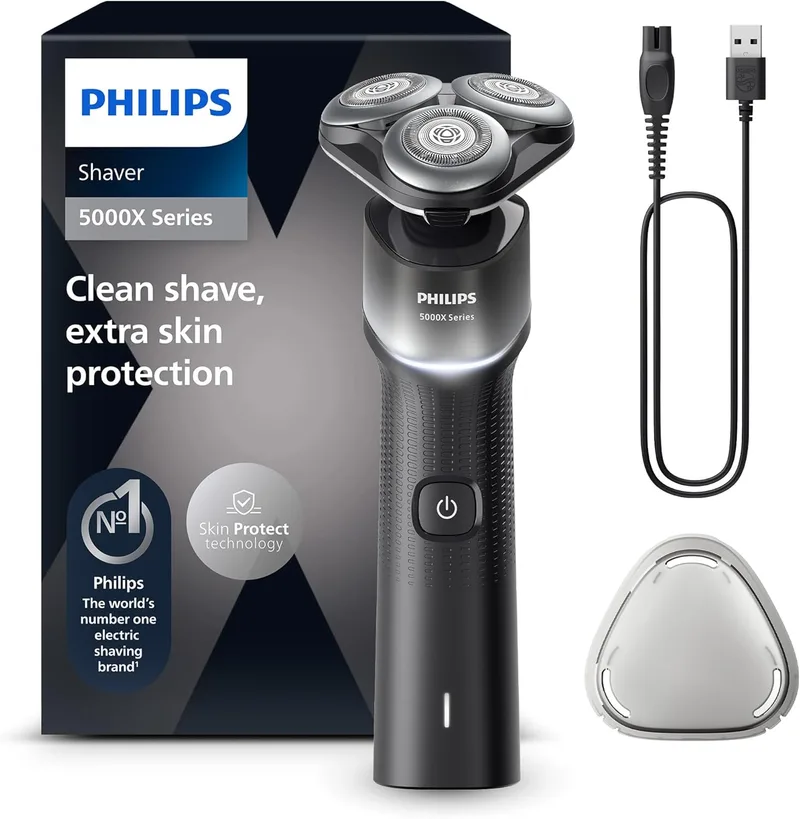 PHILIPS ▫️ Série X5000 Máquina de barbear elétrica para homem, 27 lâminas, Cuida da pele, Cabeça flexível a 360º, 50 min de autonomia, Para uso a seco e molhado, recarregável, X5004/00, prateado