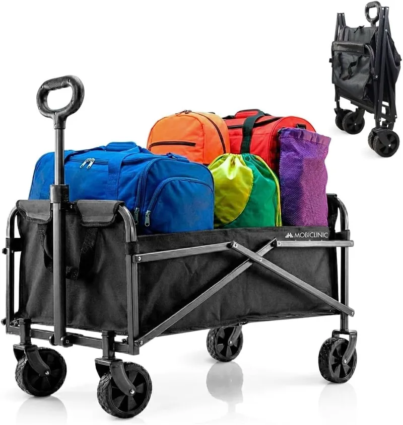 Mobiclinic ▫️ ®, carrinho de transporte dobrável, para praia e jardim, pega ajustável, até 80 kg, rodas todo-o-terreno 360°, 60L, à prova de água, aço, PVC, preto (71x47x50cm)
