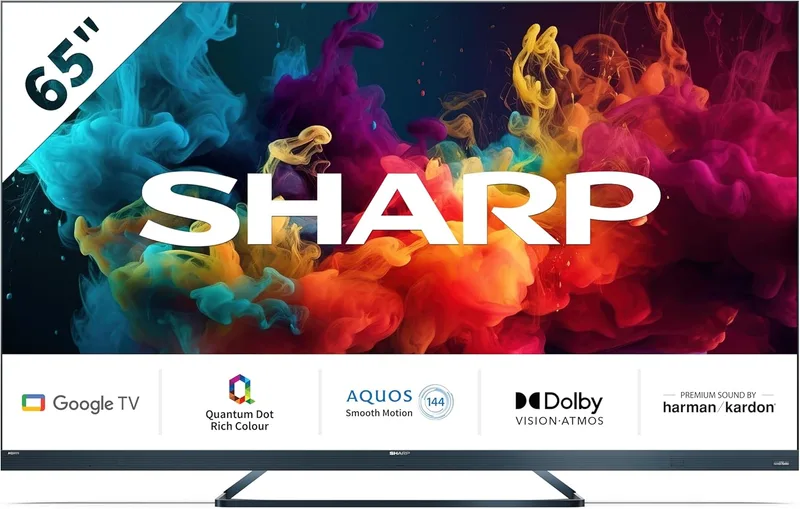 Sharp ▫️ QLED 144 Hz 65FQ5EG, Google TV de 65" sem moldura (4K Ultra HD, 4 portas HDMI 2.1, 2 portas USB, Bluetooth), Dolby Vision IQ, Google Assistant, altifalantes premium Harman/Kardon 2x15 W, alumínio cinzento antracite