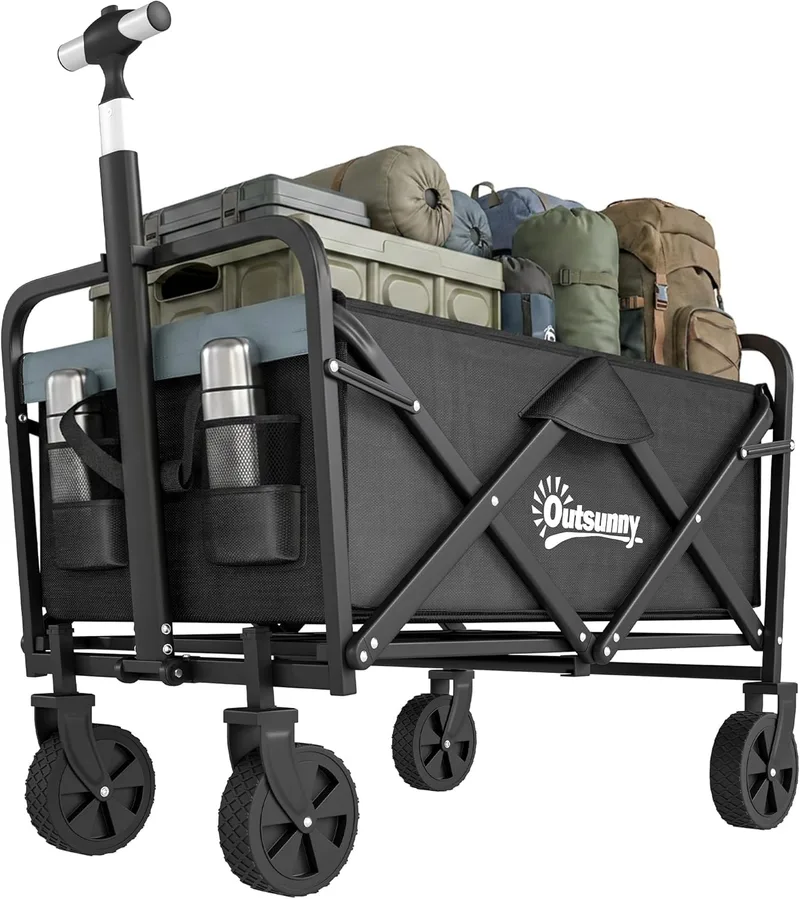 Outsunny ▫️ Carrinho dobrável com rodas grandes – Carrinho de praia dobrável com 4 rodas, comprimento e ângulo da pega ajustáveis, tecido Oxford resistente, capacidade de 70 L, carga máxima de 80 kg – Promoção – Preto