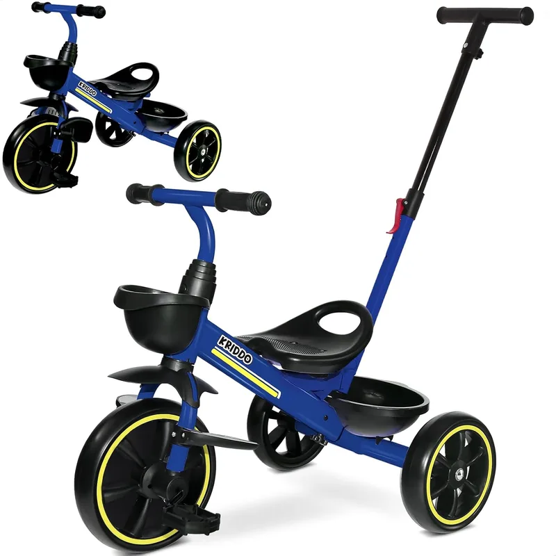 KRIDDO ▫️ Triciclo Evolutivo, 1,5 a 5 anos, barra de empurrar ajustável, azul | Triciclo para bebés 2 em 1 com apoio para os pés rebatível, cestos à frente e atrás, modo de passeio ou de pedalar, presente para meninos e meninas