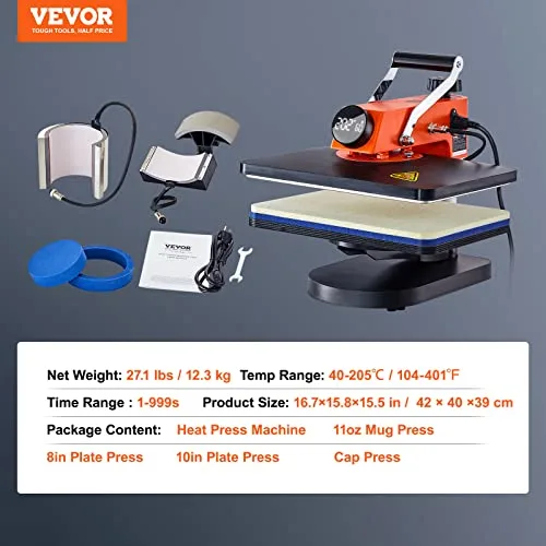 VEVOR ▫️ Máquina de prensagem térmica multifunções 42 x 40 x 39 cm, 5 em 1 para DIY: t-shirts, chapéus, canecas 7