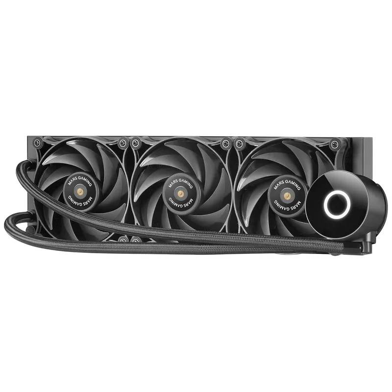 Mars Gaming ▫️ ML-PRO360, Refrigeração líquida profissional para CPU, TDP 600 W, 3 ventoinhas FDB ultrassilenciosas, bomba Opti-Chamber com anel de iluminação branco, compatível com vários soquetes, preto