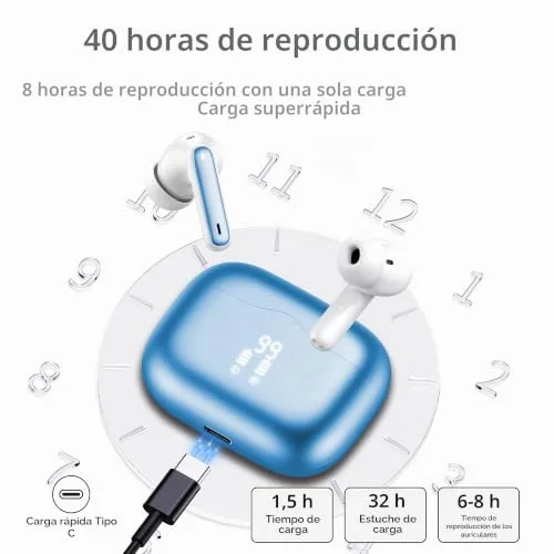 xinwld ▫️ Auscultadores sem fios Auscultadores intra-auriculares Bluetooth 5.3 com 4 microfones HD, Auscultadores sem fios estéreo Hi-Fi, 40 horas de reprodução, Auscultadores intra-auriculares desportivos com classificação IP7 à prova de água, USB-C, azul claro 6