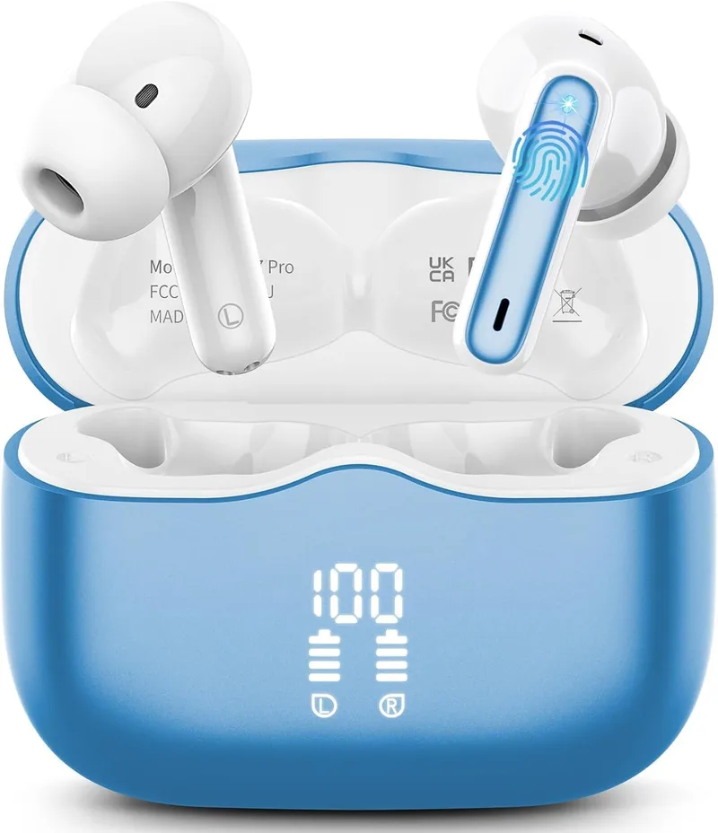 xinwld ▫️ Auscultadores sem fios Auscultadores intra-auriculares Bluetooth 5.3 com 4 microfones HD, Auscultadores sem fios estéreo Hi-Fi, 40 horas de reprodução, Auscultadores intra-auriculares desportivos com classificação IP7 à prova de água, USB-C, azul claro