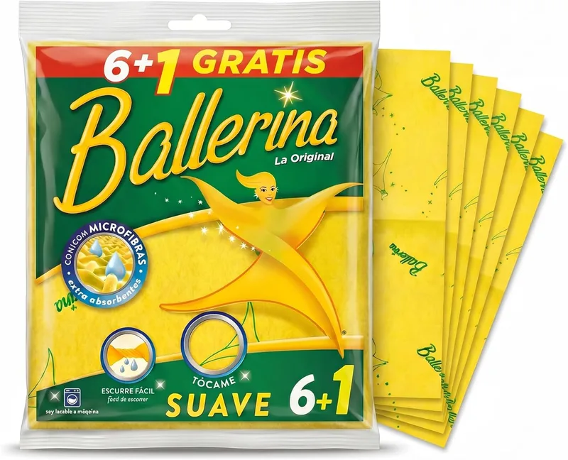 Ballerina ▫️ Bayeta Amarilla Original : Desde 1986 : Dimensões 35 x 35 cm : Embalagem 6+1 unidades : Absorção elevada : Lavável a 60° com lixívia