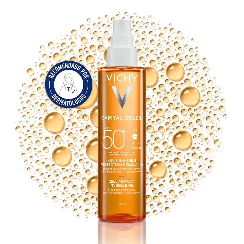 VICHY ▫️ Capital Soleil Óleo Invisível Cell Protect FPS 50+, 200 ml | Protege contra os danos solares a nível celular com 4 níveis de proteção avançada: UVB + UVA + UVA LONGOS + ANTIOXIDANTE.