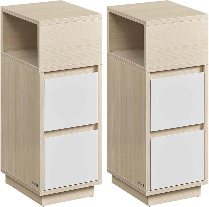 VASAGLE ▫️ Kailyn Collection LET856N01 - Mesa de cabeceira estreita, conjunto de 2, mesa de apoio, 2 gavetas e compartimento aberto, montagem lateral esquerda ou direita, quarto, sala de estar, bege