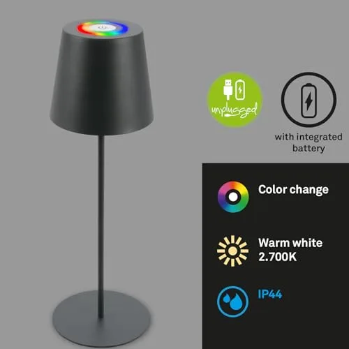 Briloner ▫️ Candeeiro de secretária LED sem fios com comando tátil, luz RGB+W colorida, altura ajustável, candeeiro de mesa de cabeceira, candeeiro de campismo, para exterior, 36 x 10,5 cm, antracite 2