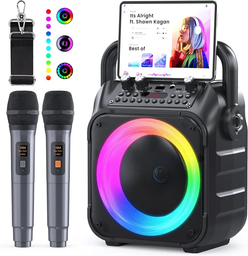 Ankuka ▫️ Karaoke com 2 microfones sem fios [Versão atualizada] Altifalante com microfone de 12 W e subwoofer de 6,5", autonomia de 8 horas, compatível com TV/smartphone/TWS/AUX/USB, presente para crianças e adultos