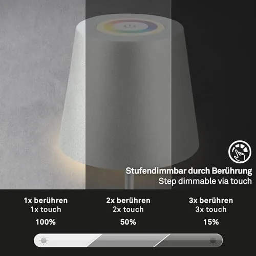 Briloner ▫️ Candeeiro de secretária LED sem fios com comando tátil, luz colorida RGB+W, altura ajustável, candeeiro de cabeceira, candeeiro LED, candeeiro de campismo, para exterior, 36 x 10,5 cm, cor prateada 5