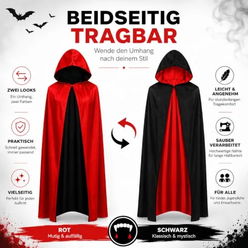 FASCHINFEVER ▫️ Capa de vampiro com capuz para o Halloween – Fato para crianças e adultos, carnaval e festas de máscaras – Tamanho único 2