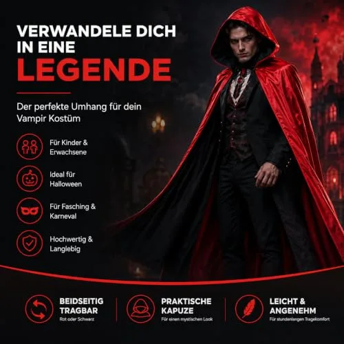 FASCHINFEVER ▫️ Capa de vampiro com capuz para o Halloween – Fato para crianças e adultos, carnaval e festas de máscaras – Tamanho único 3