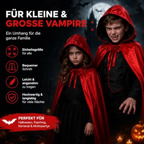 FASCHINFEVER ▫️ Capa de vampiro com capuz para o Halloween – Fato para crianças e adultos, carnaval e festas de máscaras – Tamanho único 5