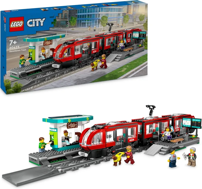 LEGO City Elétrico e Estação da Baixa, Prenda para Rapazes e Raparigas com Mais de 7 Anos Fãs de Comboios de Brinquedo, 6 Minifiguras e Figura de Cão-Guia Animal 60423