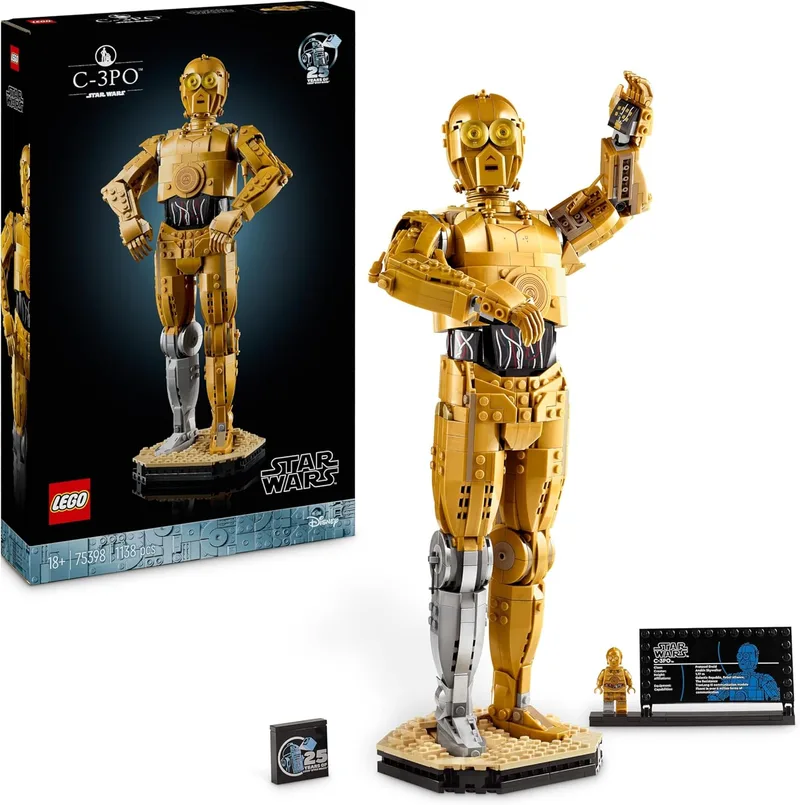 LEGO Star Wars 75398 C-3PO Droid Figure - Kit de Modelo Colecionável para Adultos - Base, Placa de Identificação e Minifigura - Prenda para Fãs Masculinos e Femininos da Saga