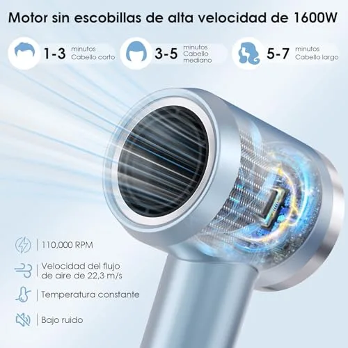 YASHE ▫️ Secador de cabelo iónico motor sem escovas de alta velocidade de 110 000 RPM, secagem rápida e silenciosa a 22 m/s, secador de cabelo profissional de 1600 W, 1 difusor e 2 bicos concentradores 2