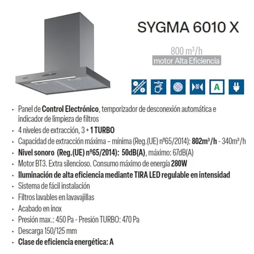 Cata ▫️ Sygma 6010 X Exaustor decorativo de parede de 60 cm, 802 m³/h, 4 velocidades 3+1 Turbo, controlo eletrónico, faixa LED regulável, Classe A, aço inoxidável 7
