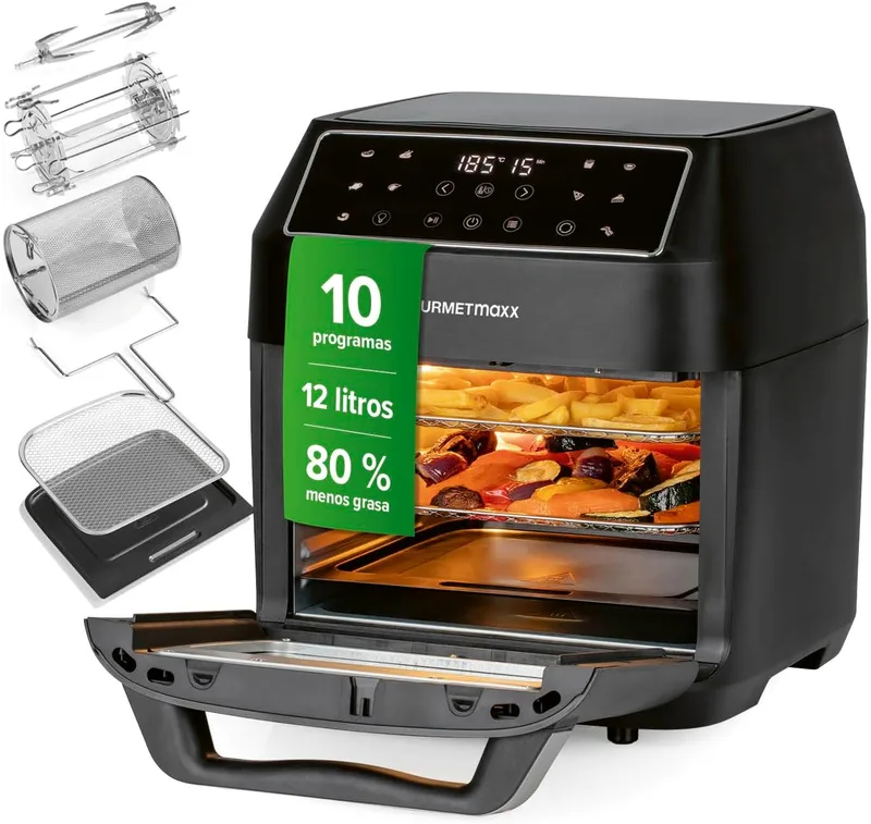 GOURMETmaxx ▫️ fritadeira de ar quente 12 L Airfryer | fritadeira com 9 funções, ecrã tátil, espetos rotativos e shashlik | 10 programas incl. pizza | mini forno 1700 W - praticamente sem óleo