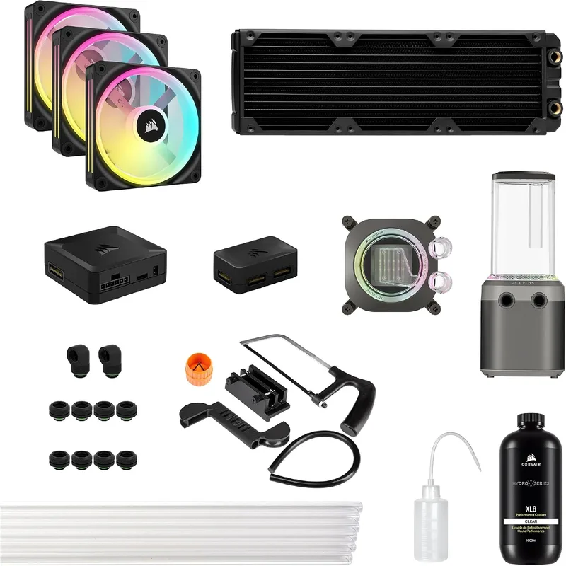 Corsair ▫️ Hydro X Series iCUE Link XH405i Kit de Refrigeração Personalizado - Bloco de Refrigeração Líquida para CPU XC7 Elite - Bomba XD5 Elite D5 Res - 3 Ventiladores QX120 RGB - Cinzento