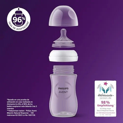 PHILIPS ▫️ Avent Natural Response - Conjunto de oferta para bebés: 2 biberões Natural Response de 260 ml com tetinas T3 (para bebés a partir de 1 mês) e 4 chupetas Ultra Air (modelo SCD837/13) 2