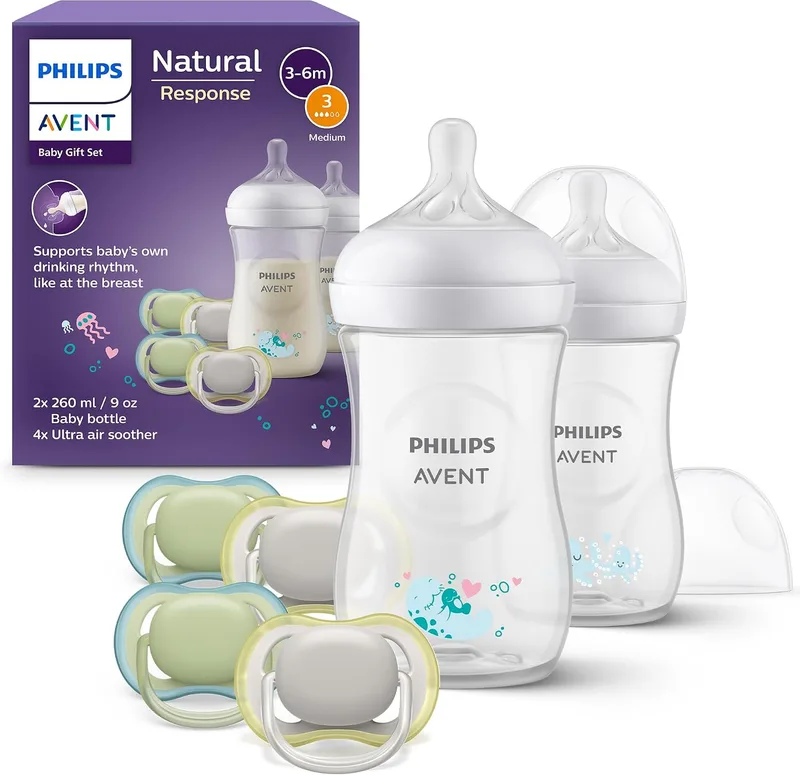 PHILIPS ▫️ Avent Natural Response - Conjunto de oferta para bebés: 2 biberões Natural Response de 260 ml com tetinas T3 (para bebés a partir de 1 mês) e 4 chupetas Ultra Air (modelo SCD837/13)