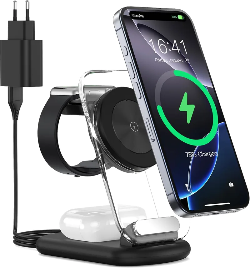 RoRoSkin ▫️ Estação de carregamento sem fios Mag-Safe 3 em 1, carregador magnético sem fios dobrável e ajustável, suporte de carregador de viagem Mag-Safe com luz para iPhone Series 15/14/13, AirPods, Apple Watch