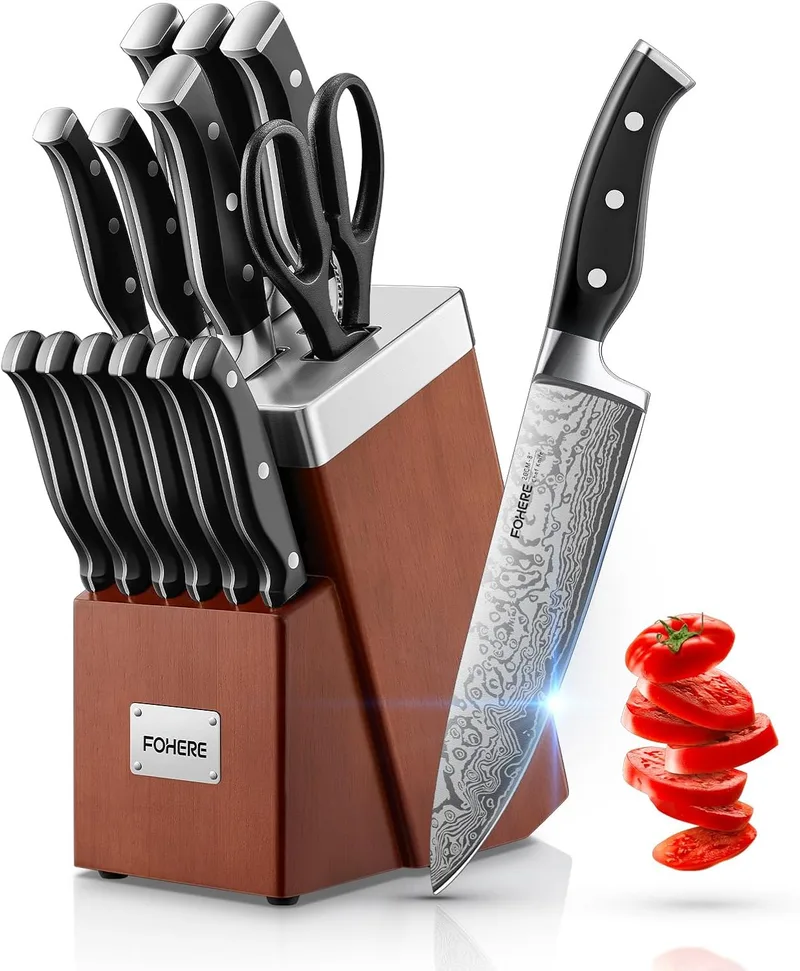 FOHERE ▫️ Conjunto de facas de cozinha com afiação automática, 14 peças, bloco de facas com cabo ergonómico e aço inoxidável, bloco de madeira
