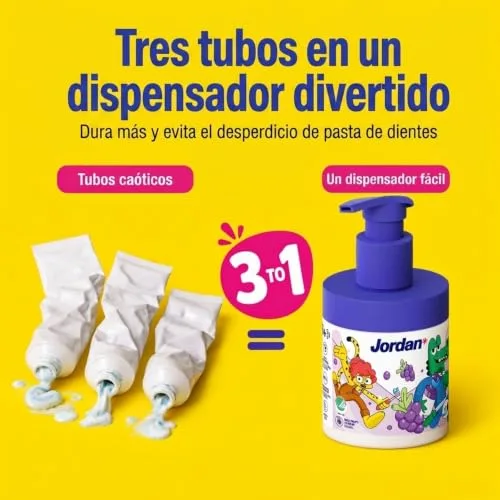 Jordan* ▫️ Jordan ® | Pasta de dentes para crianças | Dispensador de pasta de dentes com um mecanismo de bomba equivalente a 3 tubos normais | Solução concebida para crianças | Sabor a uva | 6-12 anos | 1450 ppm | 150 ml 6
