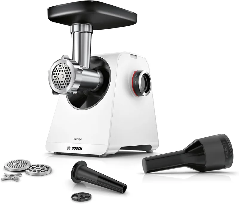 Bosch ▫️ Picadora de carne, MultiPower, Série 4, 1900 W, Moedor, Acessório para salsichas, Branco, MFWS420W