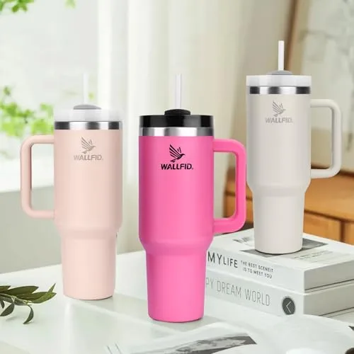 WALLFID ▫️ Copo térmico de 40 oz em aço inoxidável com isolamento a vácuo, tampa, 3 palhinhas e 1 escova para palhinhas, para bebidas quentes/frias, ideal para café, chá, batidos e muito mais (rosa) 6