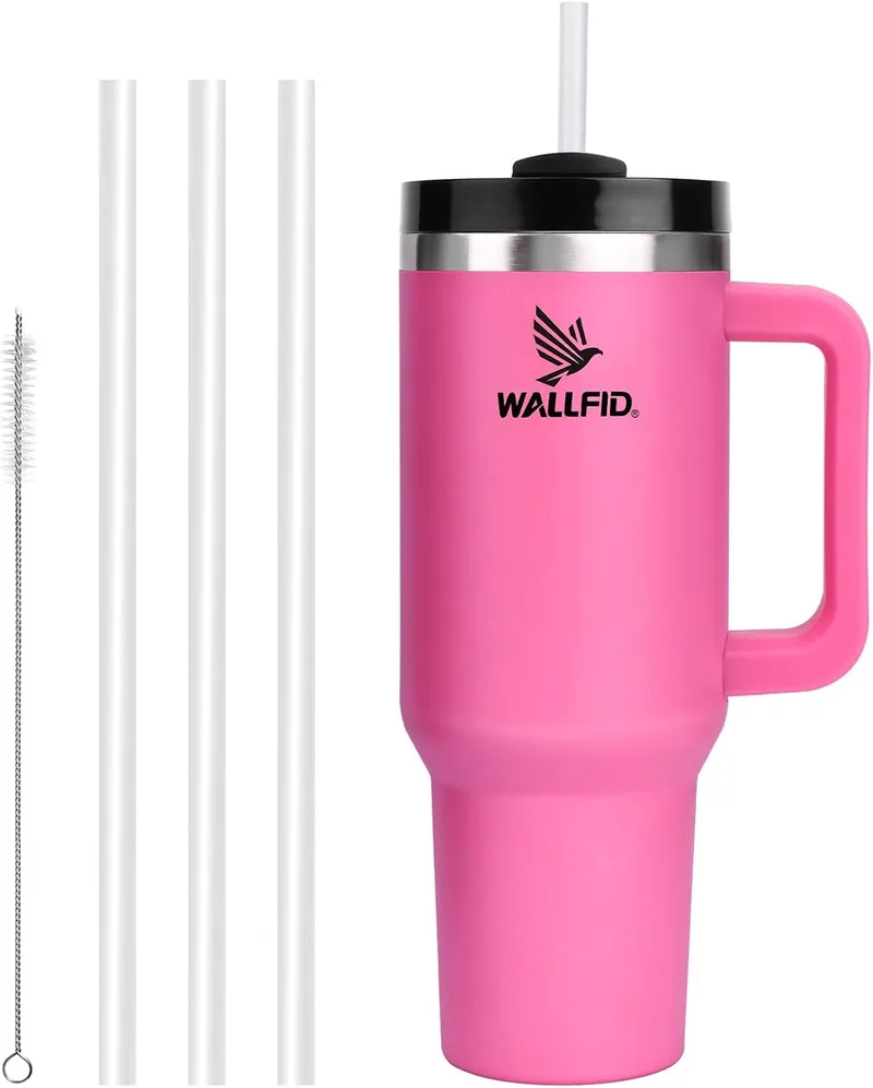 WALLFID ▫️ Copo térmico de 40 oz em aço inoxidável com isolamento a vácuo, tampa, 3 palhinhas e 1 escova para palhinhas, para bebidas quentes/frias, ideal para café, chá, batidos e muito mais (rosa)