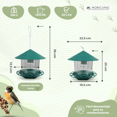 Mobiclinic ▫️ ®, Comedouro suspenso para pássaros, para exterior, capacidade de 1,2 L, varanda e jardim, educação ao ar livre, bico, alimentação de aves, elemento decorativo 2