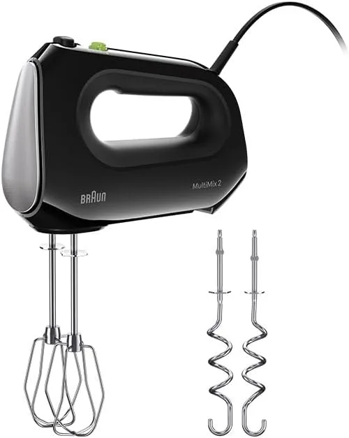 Braun ▫️ MultiMix 2 HM 2110 BK, Batedeira elétrica silenciosa com tecnologia FastMix, 4 velocidades + Turbo, Easy-Click, 2 varas para bater e 2 varas para amassar, lavável na máquina de lavar louça, 500 W, Preto