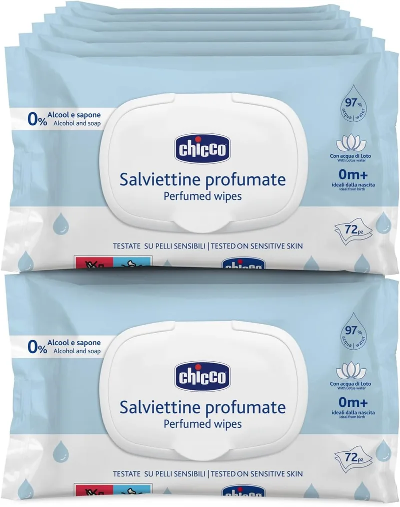 Chicco ▫️ Toalhitas multiusos para bebés com clipe - sem álcool, perfumadas, adequadas para peles sensíveis - Megapack de 864 unidades, 12 embalagens de 72 unidades cada