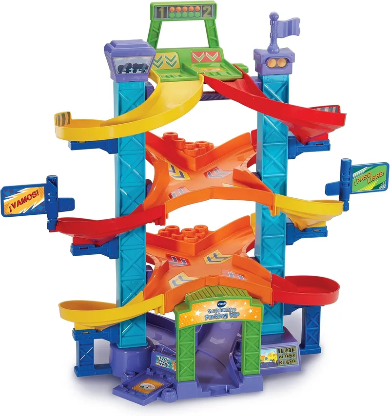 VTech ▫️ Parking VIP TutTut: Carros de corrida, circuitos, pistas e conjuntos de brinquedos; Parque de estacionamento interativo com duas posições para lançar os carros na corrida; Inclui dois veículos; Versão ESP