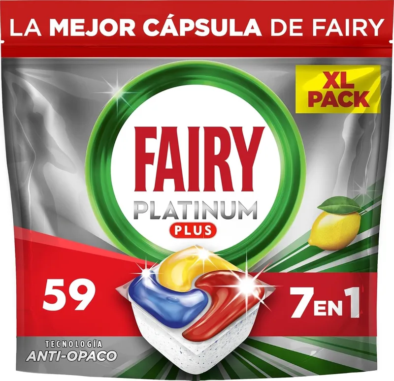 FAIRY ▫️ Platinum Plus Cápsulas para Máquina de Lavar Louça com Aroma a Limão, 59 Cápsulas | A nossa melhor limpeza, que deixa a louça como nova, elimina a falta de brilho e evita a formação de calcário