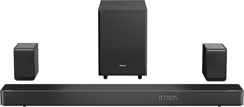Hisense ▫️ AX5125H - Barra de som 5.1.2, 500 W, subwoofer e colunas traseiras sem fios, colunas de montagem no teto, Dolby Atmos, Hi Concerto, 7 modos de equalização, passagem 4K, Bluetooth 5.3