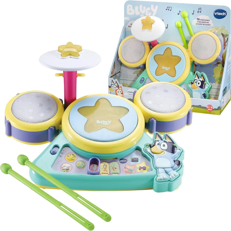 VTech ▫️ Bluey Musical Drum Set, brinquedo interativo, bateria, bombo e tímpano, capacidades motoras, 3 modos de reprodução, prenda para crianças +2 anos, versão ESP